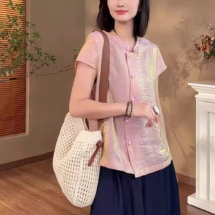 盤扣上衣女洋氣顯瘦 夏季 國風(fēng)短袖 新款 氣質(zhì)百搭立領(lǐng)襯衣 襯衫