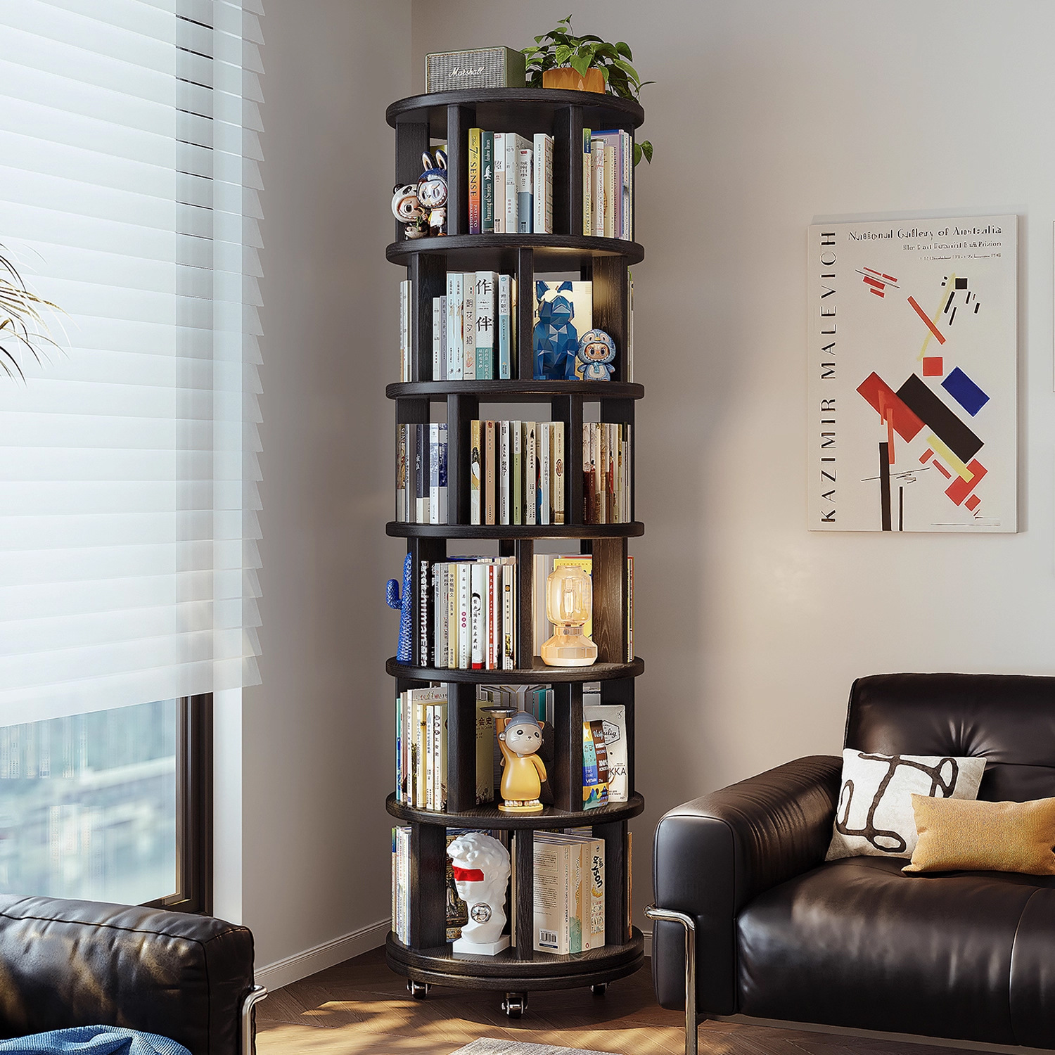 实木旋转书架360度书柜一体靠墙可移动置物架落地转角儿童储物柜