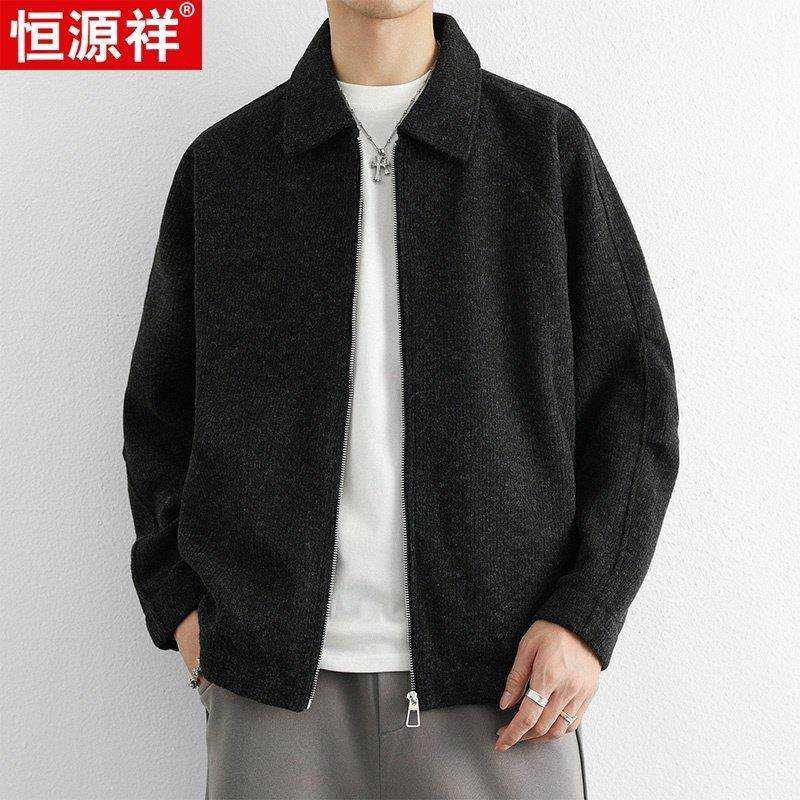 恒源祥休闲风翻领针织衫男秋冬新款黑色拉链开衫外套高级感羊毛衫