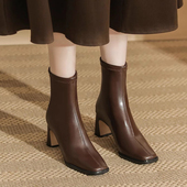 百搭法式 春季 棕色短靴女高跟2026年秋冬新款 小踝靴粗跟方头0128ed