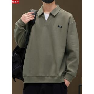 恒源祥高端翻领卫衣男士春秋季假两件POLO衫潮流休闲V领长袖T恤男
