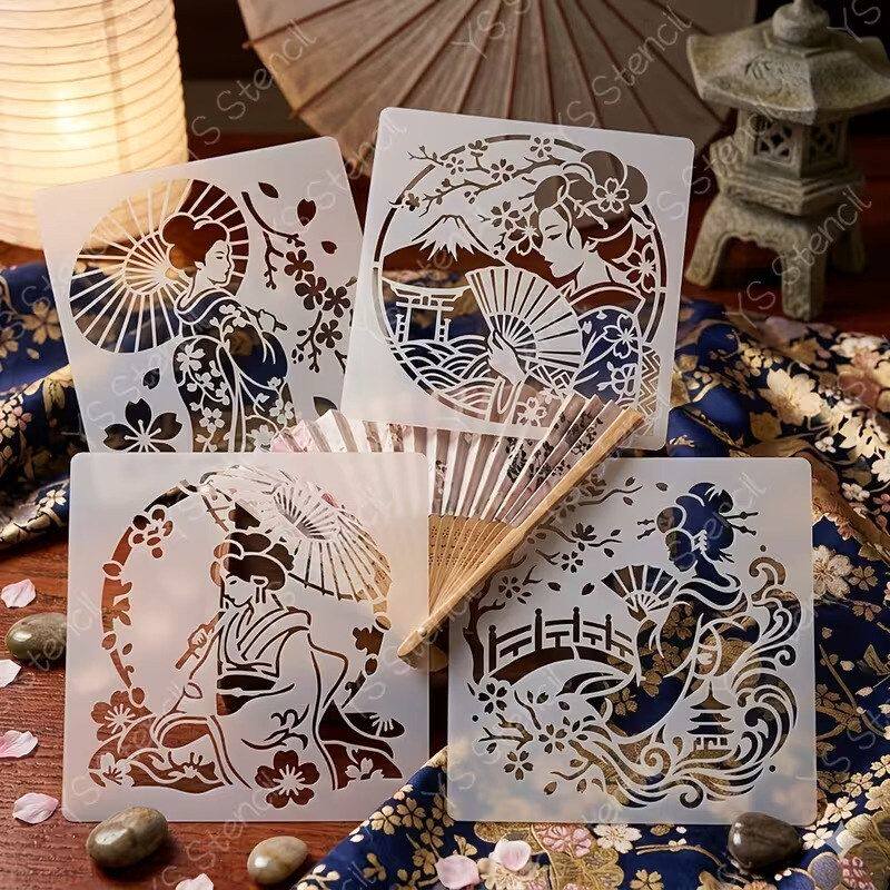 一套4个日式主题模版，包含艺伎、樱花和富士山设计、DIY绘画模板