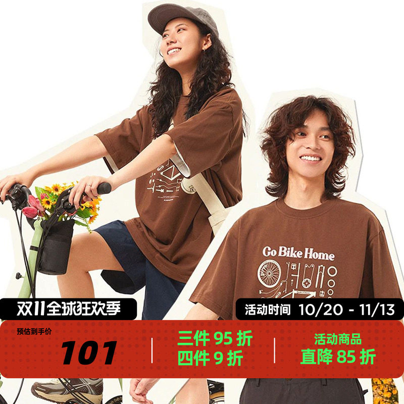 吉考斯工业机组成员夏季男女同款自行车解构印花T恤纯棉咖色T恤