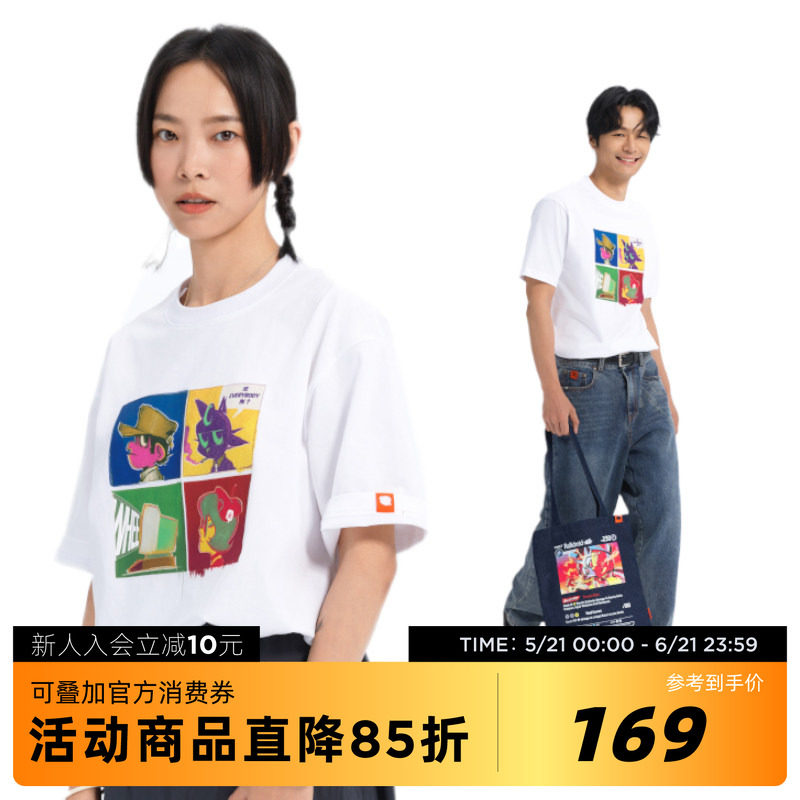 吉考斯工业错乱标记2025四宫格机组卡通动漫图案短袖T恤情侣上衣