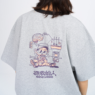吉考斯工业2025游戏 280g纯棉花灰色T恤 人系列男女漫画印花短袖