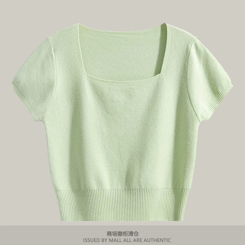 专柜薄荷绿法式方领短袖针织衫女纯色打底衫上衣显瘦休闲短款春夏 - 实物图