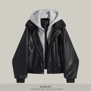 专柜黑色假两件连帽皮衣外套女士秋冬复古高级感宽松pu皮机车夹克