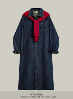 专柜新款港风复古长袖牛仔连衣裙女士春秋气质披肩搭配设计感长裙