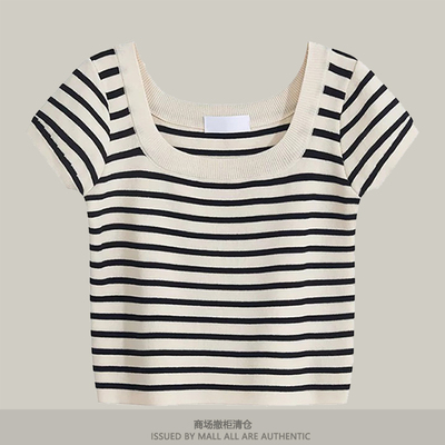 专柜新款独特别致小上衣夏季方领正肩复古休闲条纹针织短袖t恤女