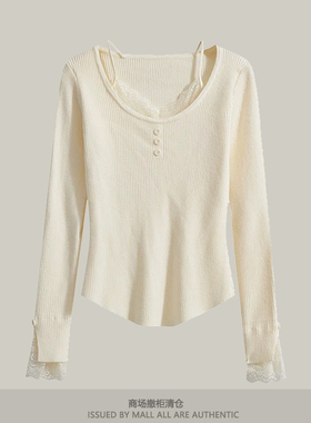 专柜新款蕾丝拼接假两件针织衫女秋新款修身v领通勤长袖打底上衣