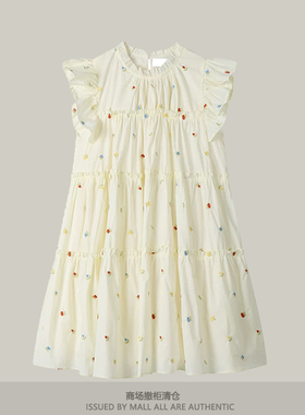 专柜温柔少女风甜美印花娃娃裙女小个子减龄小飞袖A字蛋糕连衣裙