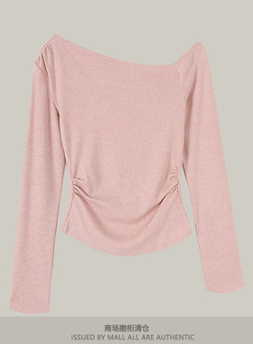 春夏斜肩针织长袖T恤女纯色修身打底衫气质显瘦露肩收腰温柔上衣