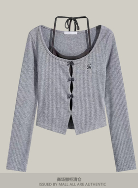 专柜辣妹纯欲挂脖吊带开衫春秋季肌理感减龄蝴蝶结假两件显瘦上衣