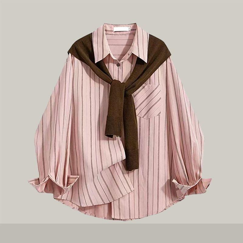 专柜品质Polo领条纹长袖衬衫带披肩女早秋款宽松休闲百搭上衣开衫