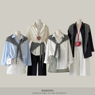 专柜开秋新款韩系休闲慵懒风polo白色长袖衬衫+条纹披肩两件套女