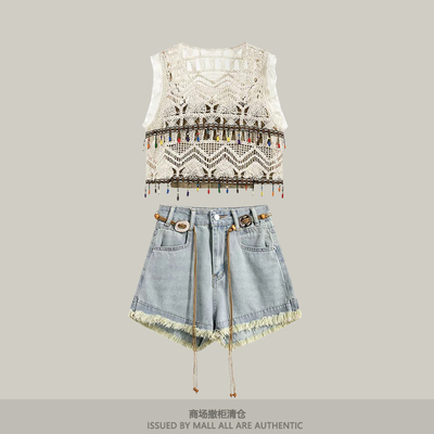 撤柜波西米亚无袖背心针织罩衫女夏设计勾花短款上上衣+牛仔短裤