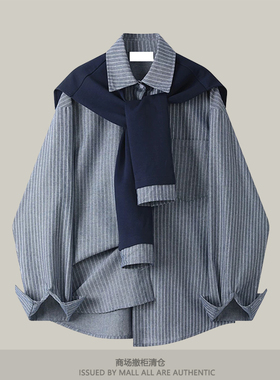 专柜开春韩系休闲百搭女条纹长袖polo衬衫披肩藏青色学院风两件套