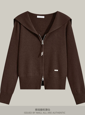 专柜海军领针织开衫女士秋冬双拉链薄款毛衣外套短款休闲百搭上衣