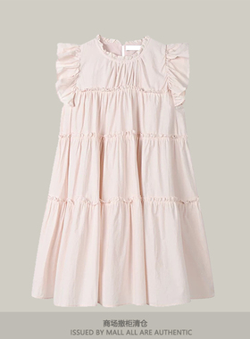 专柜夏季纯色甜美温柔风飞飞袖连衣裙新款女小个子修身a字短裙子