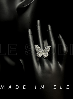 蝴蝶满钻18k白金开口女戒锆石