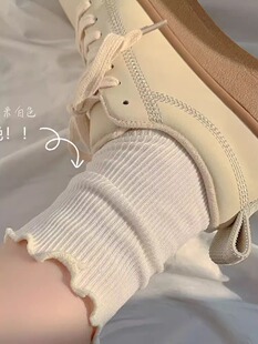 白色木耳边袜子女春秋款月子中筒袜黑色花边配乐福鞋小皮鞋夏无骨