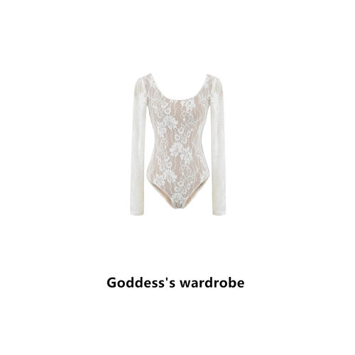 U领蕾丝提花长袖打底连体衣裤女