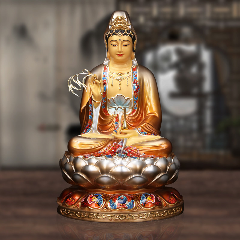台湾纯铜观音菩萨供奉观音佛像家用坐莲彩绘南海观世音菩萨摆件
