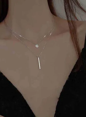 双层ins项链锁骨链镶钻简约女纯银新款925银冷淡风女2022年