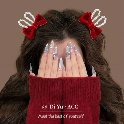 新款黑色珍珠蝴蝶结发夹女侧边刘海碎发夹兔耳朵一字边夹甜美头饰