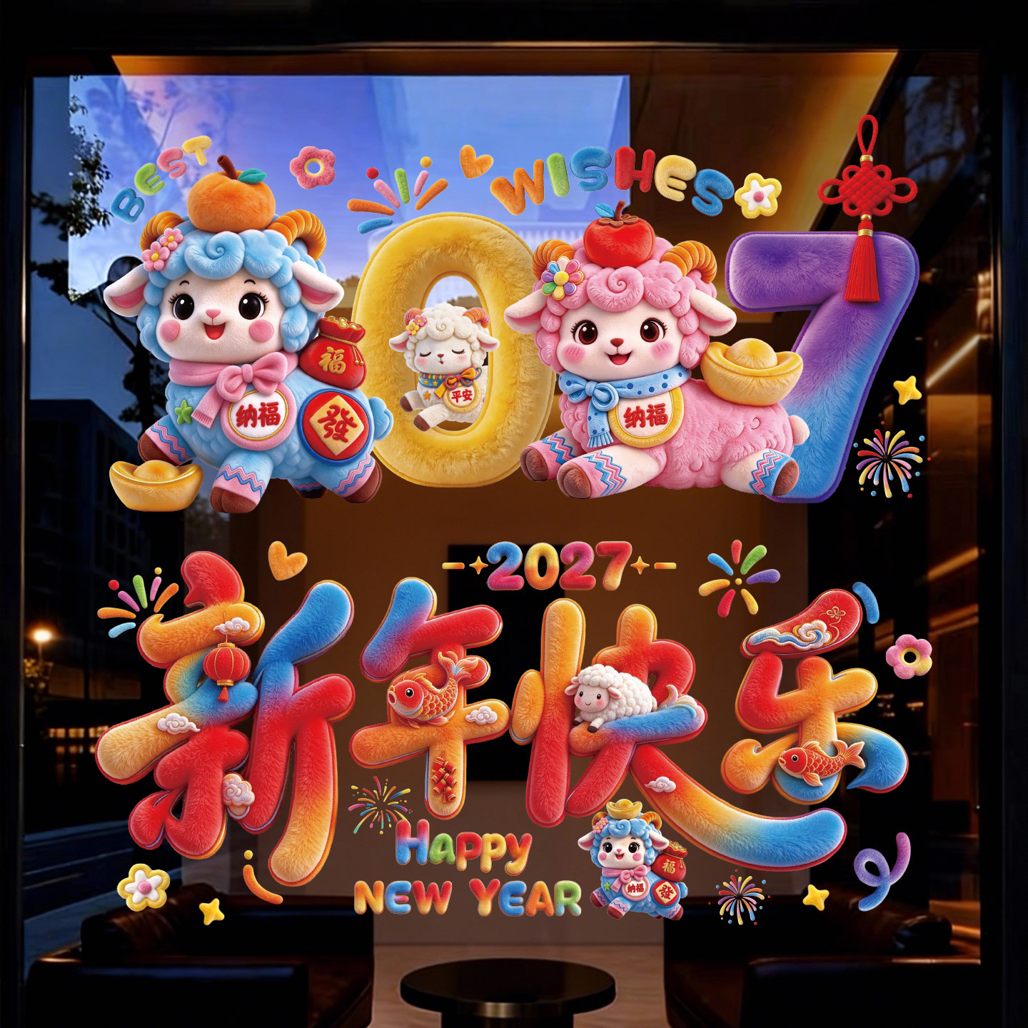 羊年窗花贴纸2027新款春节装饰静电贴新年过年商场店铺玻璃门贴画