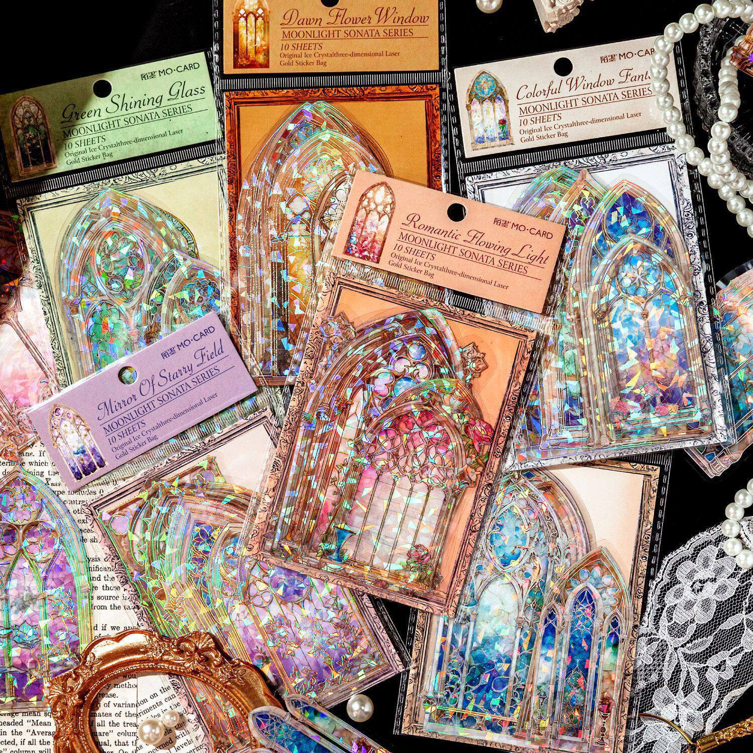 陌墨冰晶PET立体镭射金贴纸包 月光奏鸣曲系列 复古梦幻手帐素材