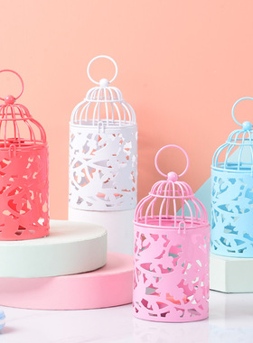 镂空图案鸟笼蜡烛台创意家居摆件欧式装饰铁艺可放蜡烛金属 烛台