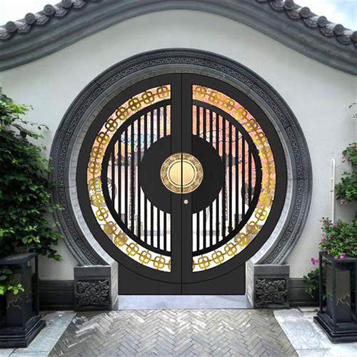 新中式月亮门苏式徽派门仿古中式庭院门别墅大门圆形门仿铜拉手