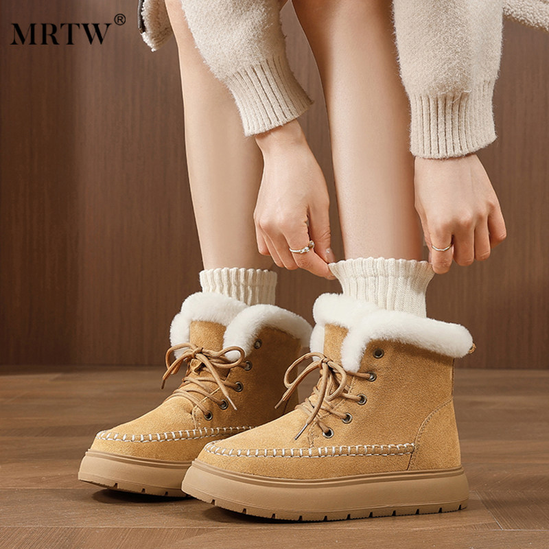 mrtw长毛绒时尚雪地靴冬季系带面包棉鞋保暖抗寒厚底内增高短筒靴
