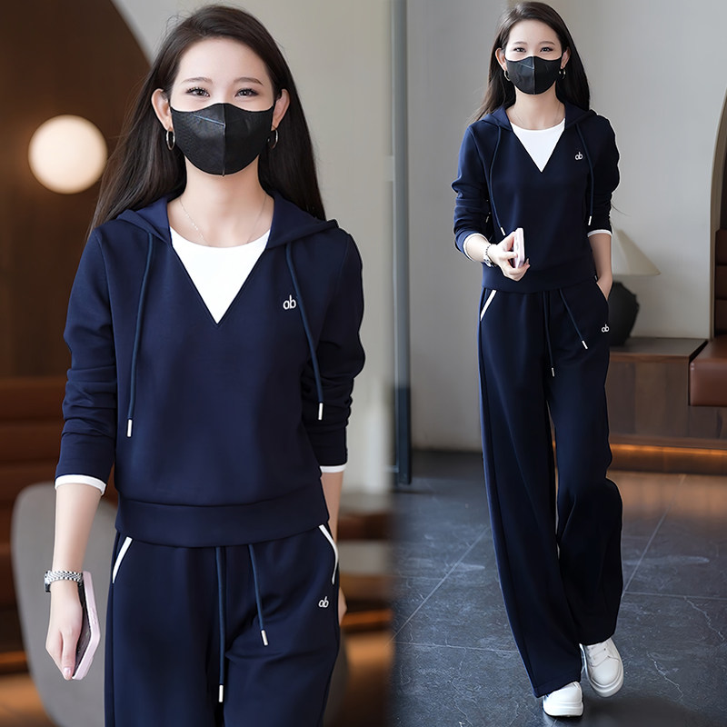 thumbnail for Fake two-piece sweatshirt wide-leg pants two-piece set for women 2026 spring and autumn new giant fleece casual sports suit