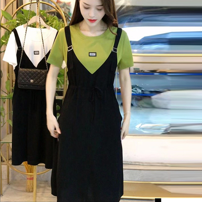 时尚气质洋装女2026夏季新款拼接收腰显瘦中长版抱婴袋假两件裙子