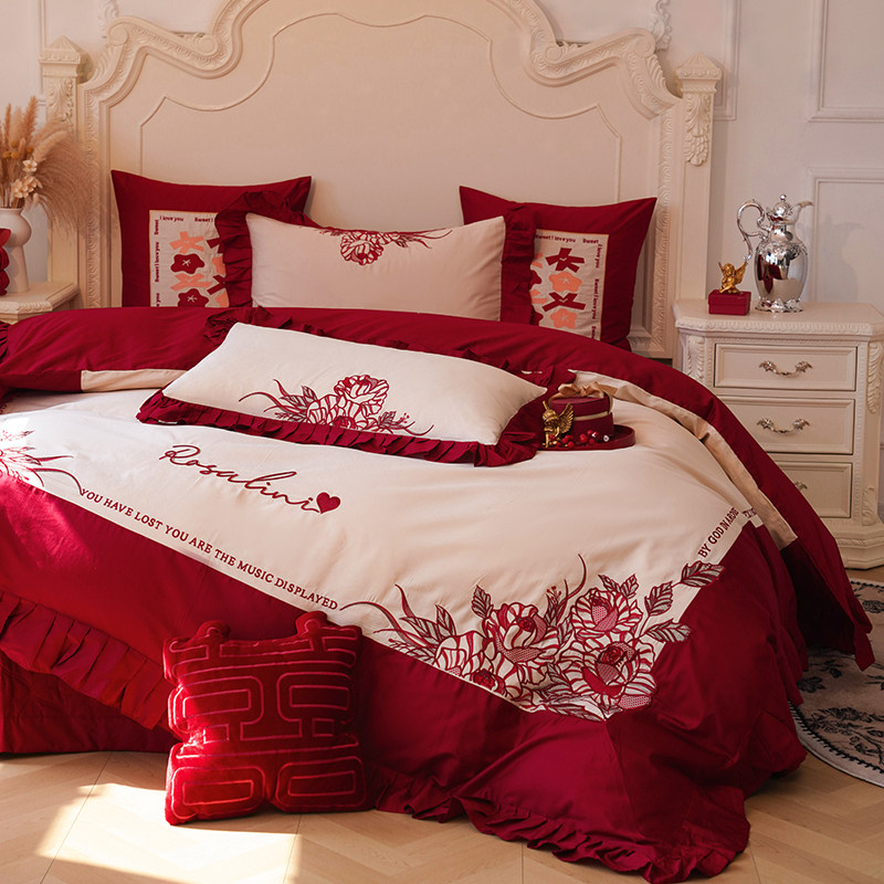 新中式结婚纯棉四件套大红色床单刺绣被套女陪嫁婚房布置喜庆全套,床上用品,婚庆床品套件,淘宝优惠券,粉丝福利购,淘宝优惠卷