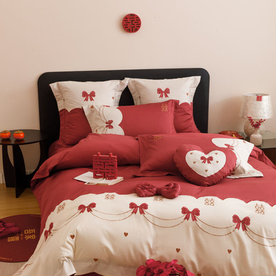 高端婚庆100S长绒棉四件套全棉纯棉被套床单结婚陪嫁红色床上用品