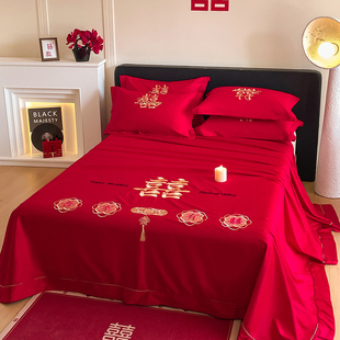 结婚大红色床单枕套三件套圆角花边遮丑铺盖纯棉单件婚庆床罩陪嫁