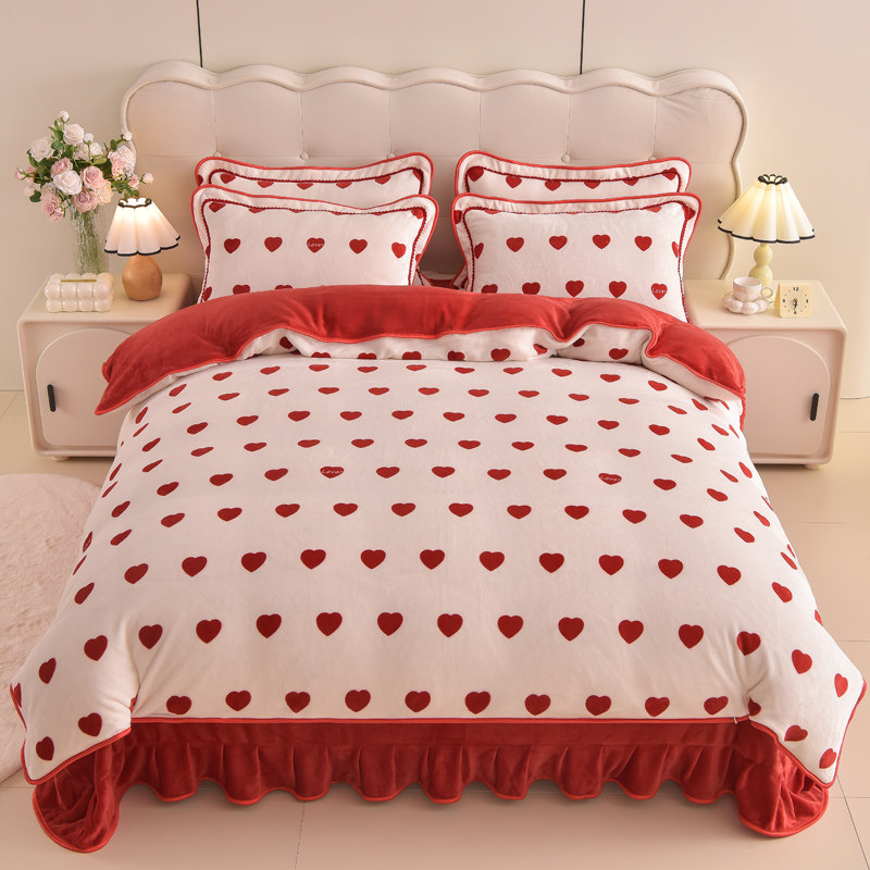少女心结婚牛奶绒四件套加厚加密双面绒红色婚庆床上用品秋冬陪嫁