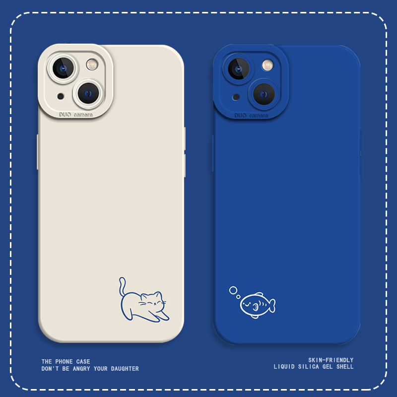 猫鱼情侣新款蓝色手机壳