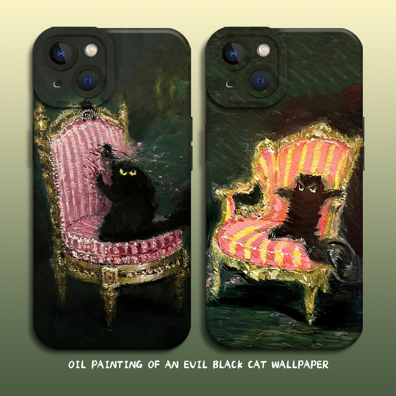 油画黑猫手机壳趣味猫咪