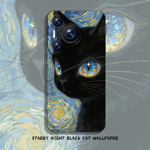 星空黑猫手机壳适用华为pura80新款nova14油画mate70pro猫咪p60梵高50小猫40艺术30/13/12/11/10荣耀400女300