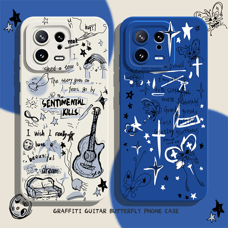 适用小米红米手机壳涂鸦吉他蝴蝶