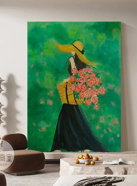 小众文艺少女花卉装饰画中古风客厅落地画挂画高级感绿色人物壁画
