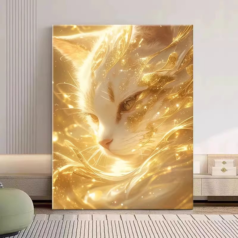 尊贵猫咪金色装饰画成品仿油画水彩可爱动物高级感卧室客厅摆挂画图片