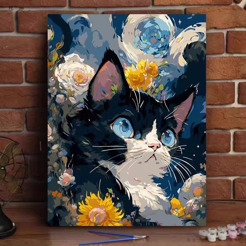 梵高油画风猫咪装饰画可爱小猫成品小众高级感治愈卧室客厅摆挂画图片