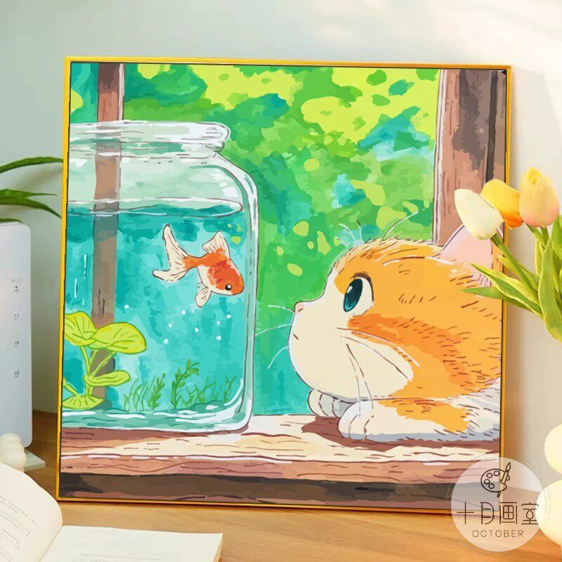 宫崎骏风格装饰画治愈系金鱼猫咪现代装饰画