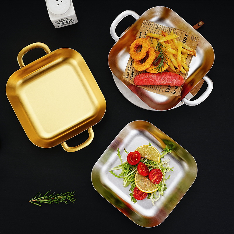 不锈钢深方盘金色双耳小食盘商用烧烤复古盘薯条盘零食平底托盘