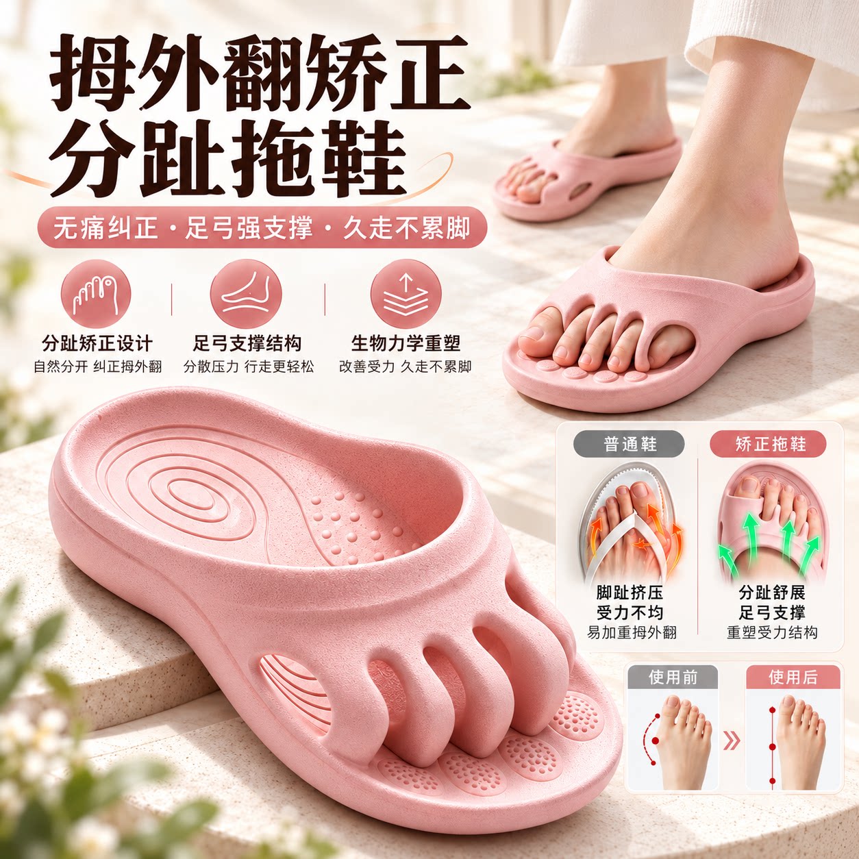 德国拇指外翻脚趾矫正器五趾拖鞋足弓支撑脚趾分离拇外翻固定男女